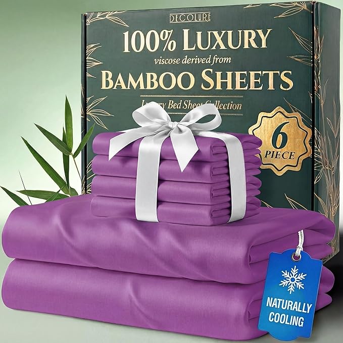 DECOLURE 100% Viscose Derived from Bamboo Sheets California King Size - Luxury 6 Pc Naturally Cooling Sheets, Ultra Soft Bed Set - Deep 17" Pockets, Double Stitching, Oeko Tex Standard (Purple)