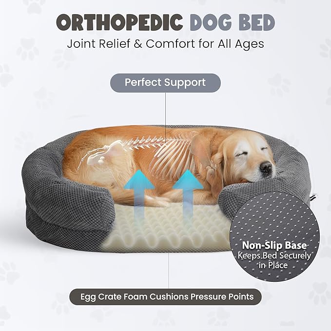 Miorun Orthopedic Dog Bed for Large Dogs, Egg Crate Memory Foam Fur Sofa with Comfortable Sides, Soft and Big Dog Couch Bed with Washable Removable Cover and Non-Slip Oval Bottom, 43" Grey