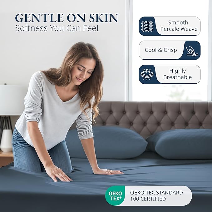 LANE LINEN Twin XL Fitted Sheet, 100% Organic Cotton 2-Piece Set (1 Fitted Sheet, 1 Pillowcase), Percale Weave, Bottom Sheet, Soft, Breathable, Fits Mattress Upto 15" Deep - Navy (No Flat Sheet)