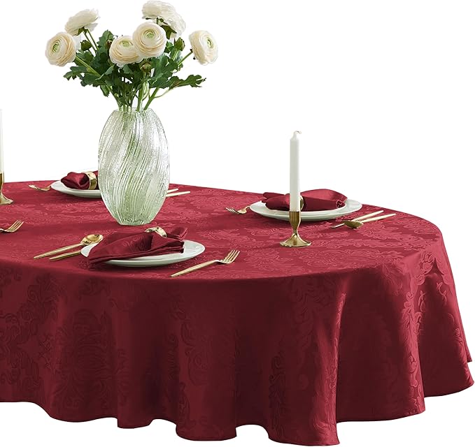 Newbridge Barcelona Damask Fabric Tablecloth, 60 x 84 Inch Oval, Burgundy – No Iron, Soil Resistant Table Cover for Dining, Parties and Holidays