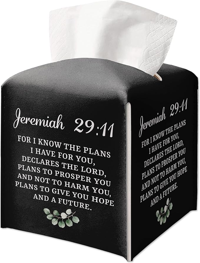 Christian Decorative Tissue Box Cover Square, Black Tissue Box Cover Leather, Bible Verse Gift Ideas for Friends, for I Know The Plans I Have for You, Bathroom Decor-(5.2 Inches)