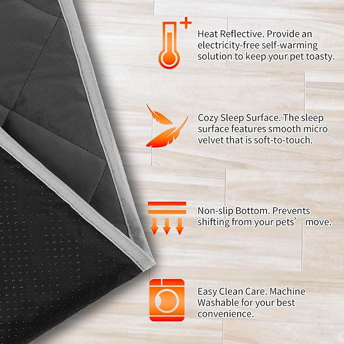 NWK Self Warming Thermal Pet Mat for Dogs and Cats, Body Heat Reflecting Cat Bed Mat, Washable, for Sofa & Crate & Kennel & Car Seat (Obsidian Black, Small (20'' X 16'' X 0.4''))