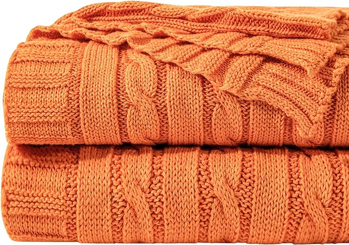 NTBAY 100% Pure Cotton Oversize (60x80) Cable Knit Throw Blanket, Super Soft Warm Knitted Throw Blanket for Bed, Sofa, Chair, Couch - Extra Cozy, Machine Washable, Comfortable Home Decor, Orange