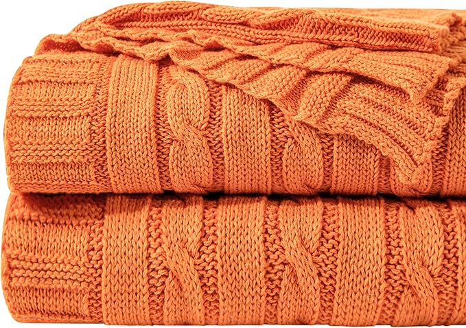 NTBAY 100% Pure Cotton Cable Knit Throw Blanket, Super Soft Warm 51x67 Knitted Throw Blanket for Couch, Sofa, Chair, Bed - Extra Cozy, Machine Washable, Comfortable Home Decor, Orange