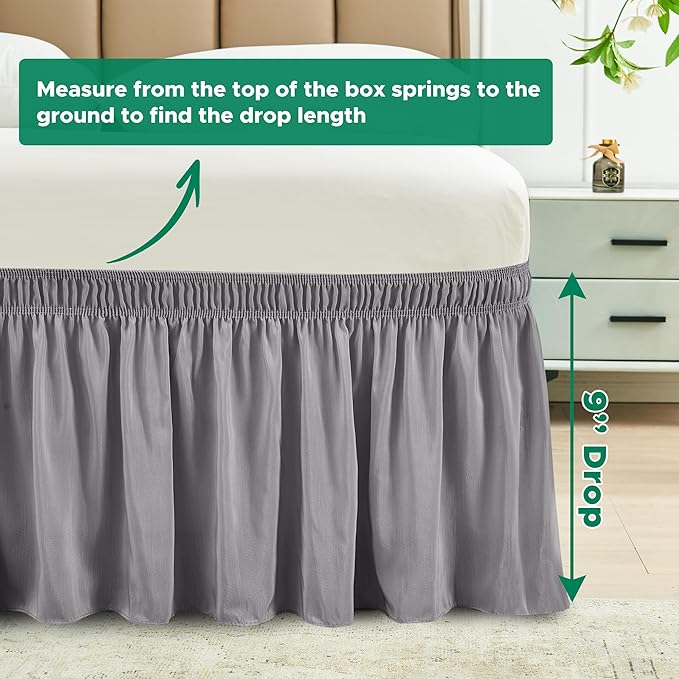 Biscaynebay Wrap Around Bed Skirts for Queen Size Beds Extra Short Drop of 9", Silver Grey Elastic Dust Ruffles Easy Fit Wrinkle & Fade Resistant Silky Luxurious Fabric Solid Machine Washable