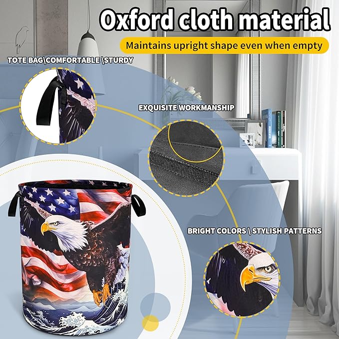 American Flag Eagle Wave Laundry Basket Foldable Oxford Cloth Funny Tote Bag Laundry Hamper Clothes Storage Bucket Toy Organizer For Bathroom/Laundry Storage/Bedroom 18.9x16.5 Inch