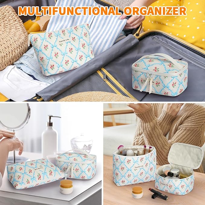HAOGUAGUA 2 Pieces Makeup Bag, Small Large Quilted Cosmetic Bag, Travel Floral Make Up Toiletry Organizer Bag for Women Girls (2PCS STYLE B-3)