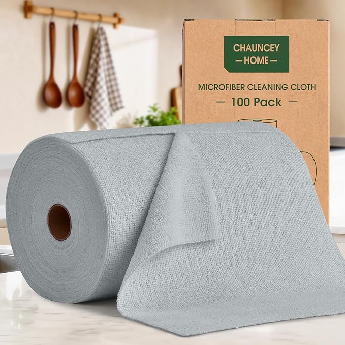 CHAUNCEY HOME Microfiber Cleaning Cloth Roll - 100 Pack Tear Away Microfiber Paper Towels, Reusable, Washable, Scratch-Free, Kitchen Towels for Car, Home, Kitchen, Glass, Dishes(Cloud Gray)