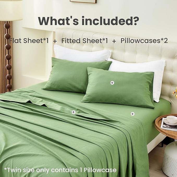 Simple&Opulence Belgian Linen Sheet Set Solid Color - 4 Pieces (1 Flat Sheet & 1 Fitted Sheet & 2 Pillowcases) Natural Flax Cotton Blend Soft Bedding Breathable Farmhouse - Khaki Green, King Size