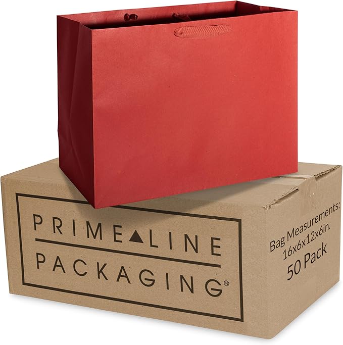 Prime Line Packaging Red Gift Bags, Kraft Paper Christmas Gift Bags with Handles for Kids, Large Holiday Paper Bags for Wrapping, Weddings, Party Favors, Bulk, 16x6x12, 50 Pack