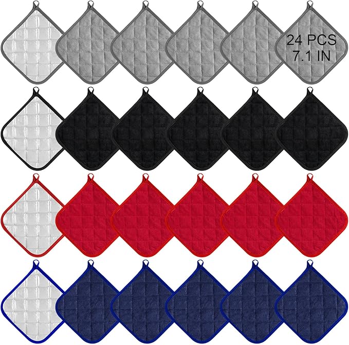 24 Pcs Pot Holders for Kitchen Set - Heat Resistant Hot Pads for Kitchen, 7.1x7.1 Inch Cotton Blend Quilted Potholders (4 Colors)