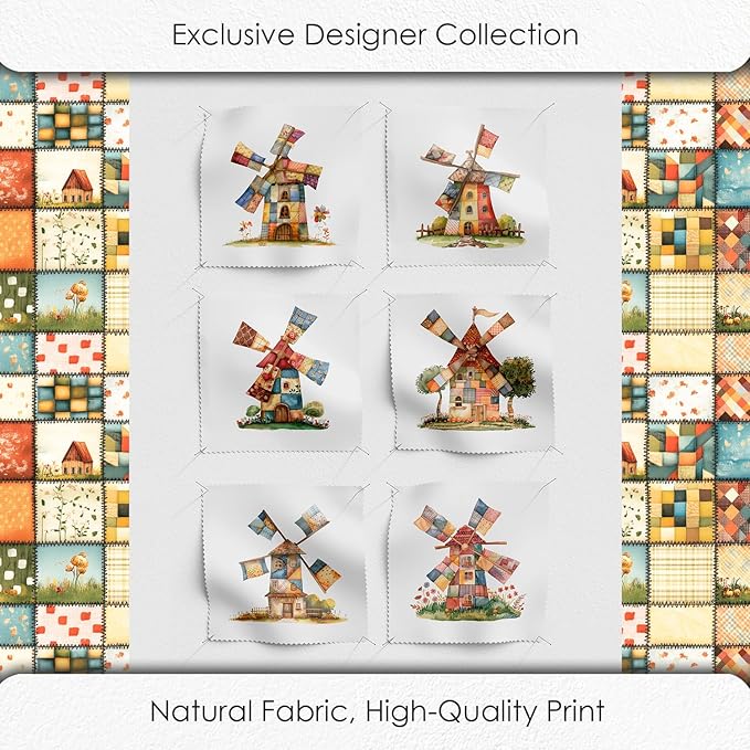 Patchwork Fabric Panel with Windmill Designs – 100% Cotton Satin, 6 Printed Panels 9.8”×9.8” + Patchwork Sheet 29.5”×19.7”, Single Continuous Cloth for Quilting & Sewing