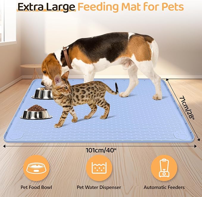 Bartuke Dog Food Mat, Extra Large 40" x 28" Silicone Pet Feeding Mat with Raised Edge Pet Placemat for Small, Medium, and Large Pets Non-Slip, Easy to Clean (Blue)