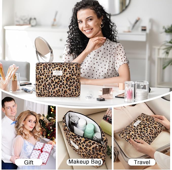 Gosect 2PC Makeup Bag Set, Cute Cosmetic Bag for Women Girls, Floral Coquette Aesthetic Toiletry Bag, Travel Make Up Organizer Bag (Leopard Print)