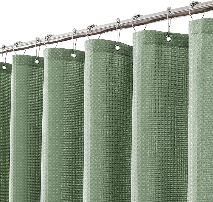 meioro Sage Green Shower Curtain, Waffle Weave 256GSM Heavy Duty Textured Fabric Shower Curtains for Bathroom Hotel Spa, Luxury Weighted Polyester Cloth Bath Curtain Set with 12 Hooks, 72Wx84H