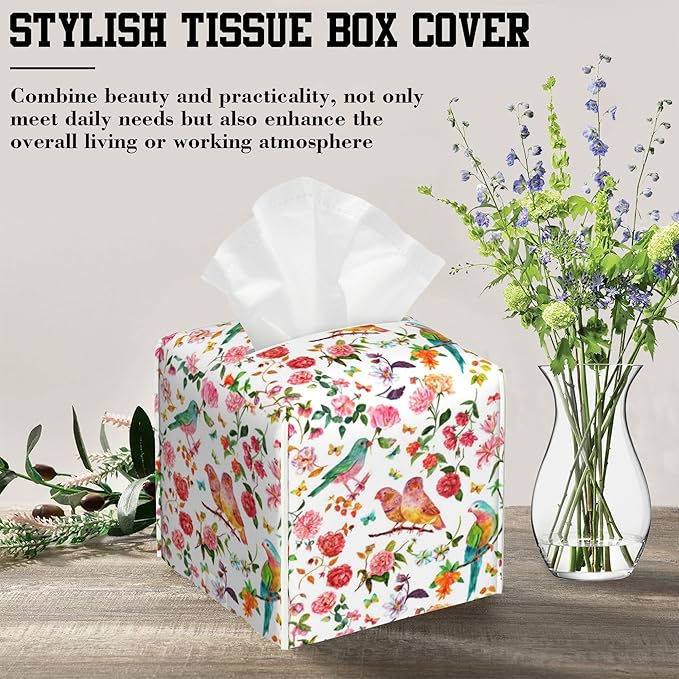 OHEGBXE Tissue Box Holder Spring Flower and Bird Square Leather Tissue Box Cover Modern Cube Facial Paper Cover Case for Bathroom Vanity Countertop Night Stands Tabletop