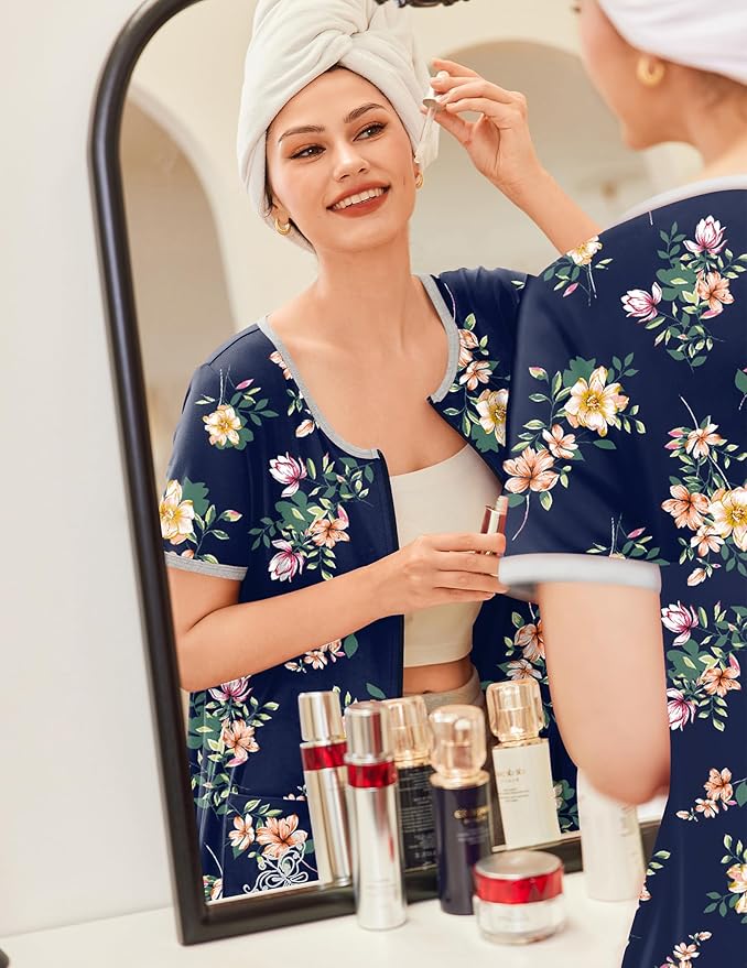 Ekouaer Zip Up Robes for Women Short Sleeves Zipper House Coat Short Bathrobes Lightweight Nightgown with Pockets S-3XL
