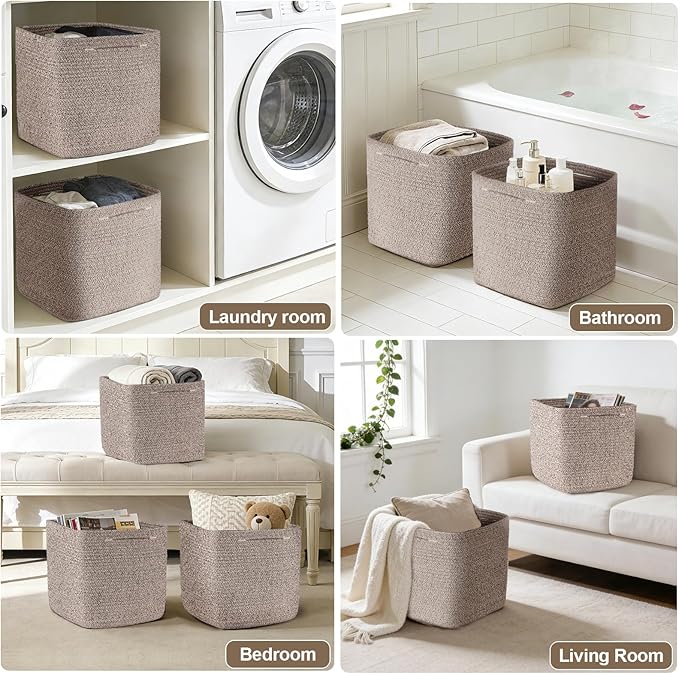 Storage Cubes 11 Inch Storage Baskets for Shelves, Set of 3 Cotton Rope Woven Baskets for Organizing, Cube Storage Square Bins for Toy, Playroom Decor, Classroom, Closet, Brown
