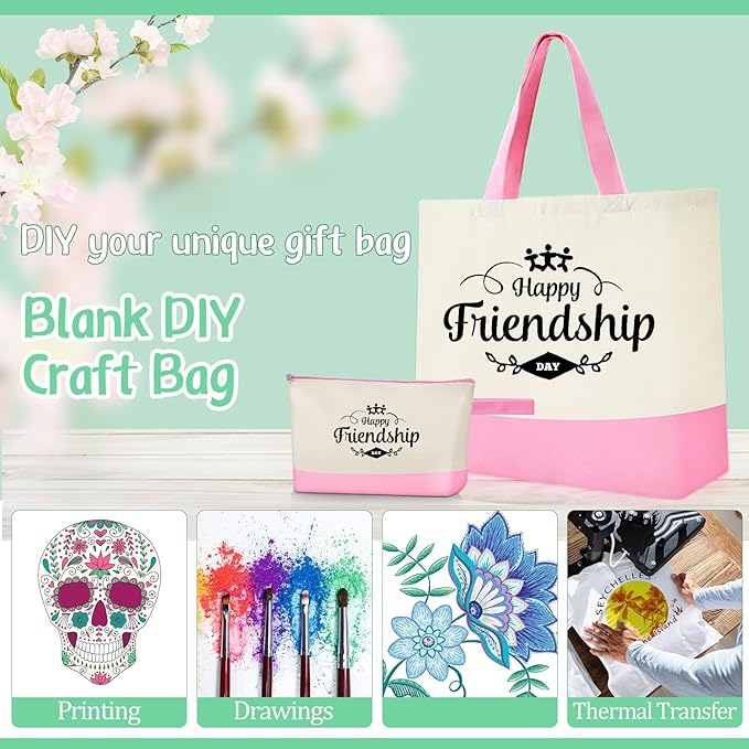 Sanwuta Canvas Tote Bags Bulk with Zipper Cosmetic Pouch 18.5" Reusable Cotton Shopping Bag with Handle for DIY Craft