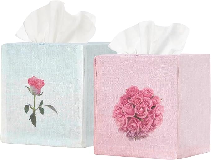 EmbroideryLinen.VN Tissue Box Cover Set of 2, Square Linen Tissue Holder, Printed Floral Design, 4.5x4.5x5.5 Inches, Decorative Holder for Bathroom, Living Room, Office (Rose)