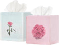 EmbroideryLinen.VN Tissue Box Cover Set of 2, Square Linen Tissue Holder, Printed Floral Design, 4.5x4.5x5.5 Inches, Decorative Holder for Bathroom, Living Room, Office (Rose)