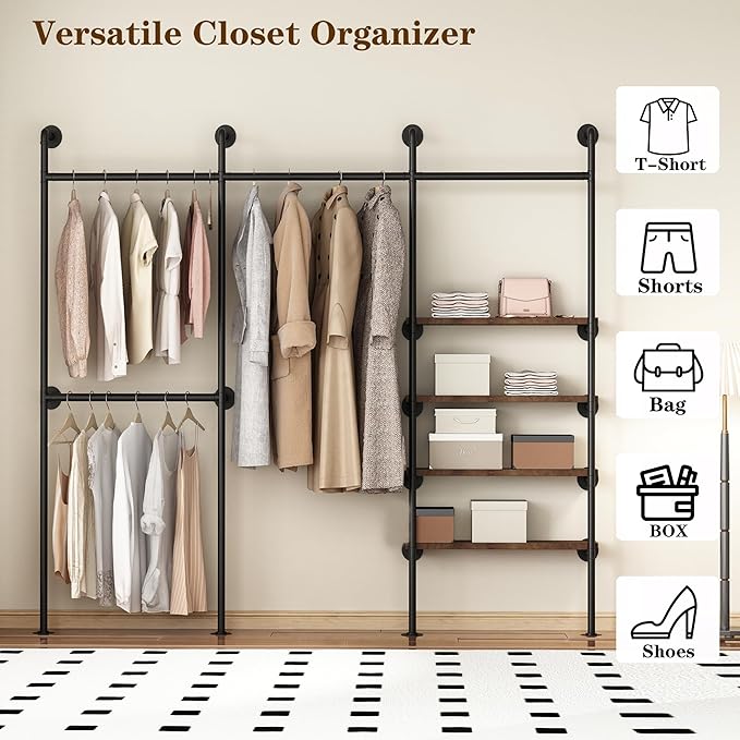 KAILNKISS Industrial Pipe Clothing Rack,Wall Mounted Clothies Rack with Shelves, Heavy Duty Closet Organizers Wardrobe Multi-Purpose Storage Clothes Hanging Shelf-94.5''L Black