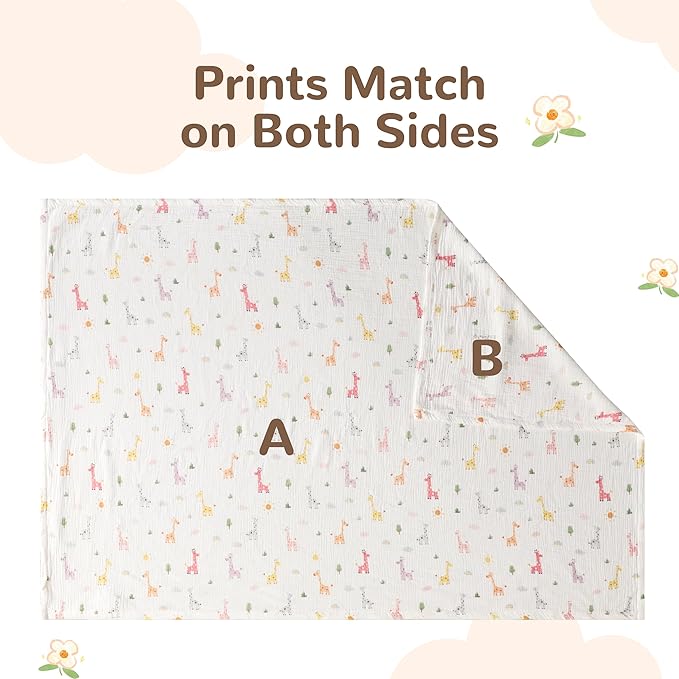 NTBAY 4 Layer Muslin Cotton Toddler Blanket, 42x60 Soft and Breathable Receiving for Newborns and Infants, Perfect for Crib, Stroller, Travel, Lightweight Nursery Blanket, Cartoon Giraffe
