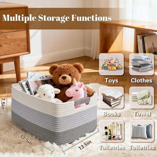 4 Pack Large Storage Basket for Organizing, 17.5"x13.5"x7.5" Woven Basket for Shelves, Closet Cube Storage Bins with Wrapped Handle, Cotton Rope Baskets for Kitchen, Clothes, Toys(Gradient Grey)