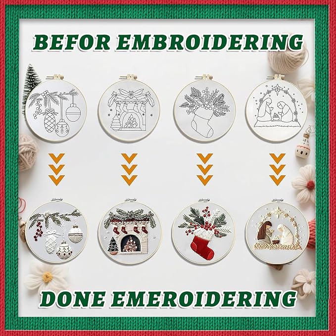 QBQBQ 4 Sets Embroidery Kits for Beginners, Cross Stitch Kit with Videos, Patterns, Needles, Threads, Bamboo Hoop & Supplies, Includes Winter Designs, Holiday Gifts & Home Decor Art (Christmas Kits A)