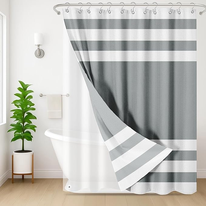 Nesphy Shower Curtain and Liner, Grey Striped 3 in 1 Shower Curtain and PEVA Liner Set with 12 Rust-Resistant Metal Hooks, Waterproof Fabric Shower Curtains for Bathroom, 72 W x 72 H