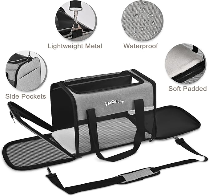Chuzhong Airline Approved Pet Carrier for Cats & Small Dogs (Up to 18 Lbs) - Soft Sided Travel Carrier with Washable Pad (Grey)