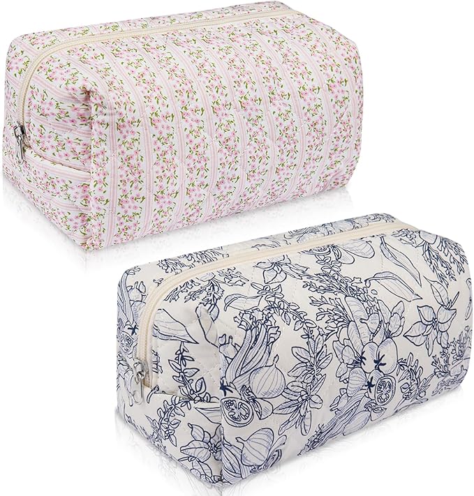 Gosect 2 Pack Floral Makeup Bag, Cute Cosmetic Bag for Women Girls, Quilted Cotton Make up Pouch, Travel Makeup Bags, Portable Storage Toiletry Organizer Bag(Pink+Navy Blue)