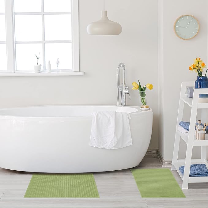 Superior Striped Bath Mat 2-Pack, 100% Combed Cotton, Luxury Spa Ribbed Texture, Durable and Washable Bathroom Mats - Terrace Green, 22" x 35" each