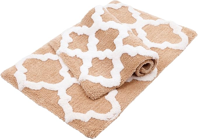 C23 Luxury Trellis Bath Rug Set of 2 (Beige & White) 20"x32" & 16"x24" | 2200 GSM Ultra-Thick High-Density Plush | Decorative Non-Slip Bathroom Mats | Hotel Quality, Machine Washable