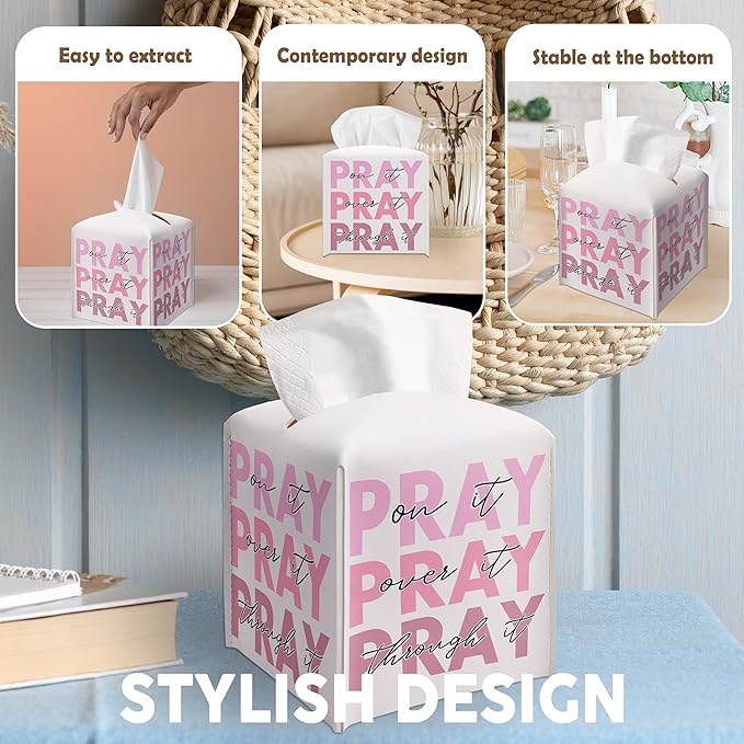 Pink Gifts Tissue Box Cover Square, Inspirational Gift Ideas for Friends, Pray Over It, Skeleton Desk Decor for Bathroom Office, Housewarming New Home Favor-(5.2 Inches)