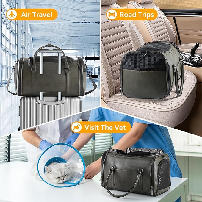 Johomviin Stylish Leather Pet Carrier for Small Dogs and Cats Up to 15 lbs, Airline Approved Lightweight Travel Tote with Breathable Mesh and Shoulder Strap Green