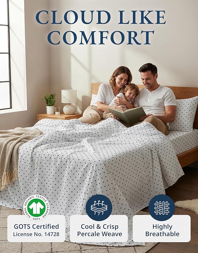 LANE LINEN Eco Friendly 100% Organic Cotton Queen Bedsheet Sets, Luxury Printed Cotton Sheets Fully Elasticized Low Pill Fade Resistant deep Pocket Queen Sheets Fits 15" Mattress- Black Polka Dot