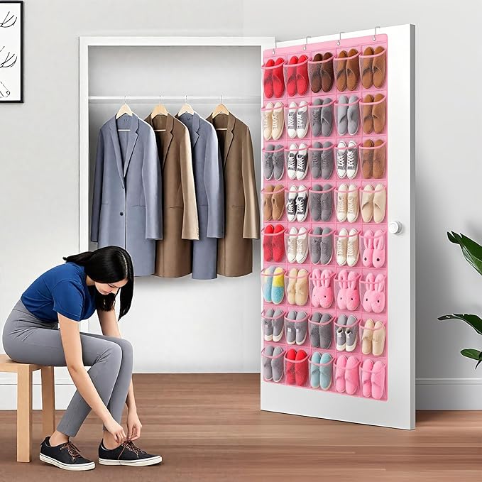 Hualleko 40-Pocket Over the Door Shoe Organizer - Large Mesh Pocket Hanging Shoe Organizer,Behind the Door Shoes Storage Holder Hanger (Pink)
