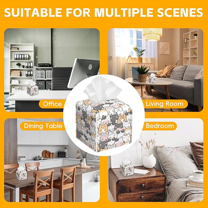 Kawaii Cats Tissue Box Cover,PU Leather Tissue Box Holder Square,Modern Home Decoration for Bathroom Living Room Kitchen Office Car,5.2"×5.2"×5.2"