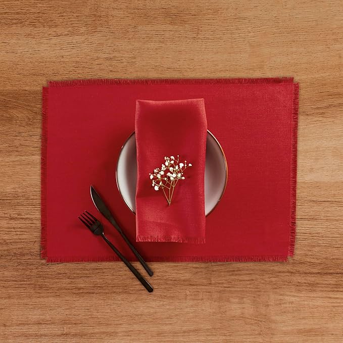 Solino Home Cherry Red Linen Napkins Set of 4-100% Pure Linen Fringe Dinner Napkins 20 x 20 Inch for Valentines