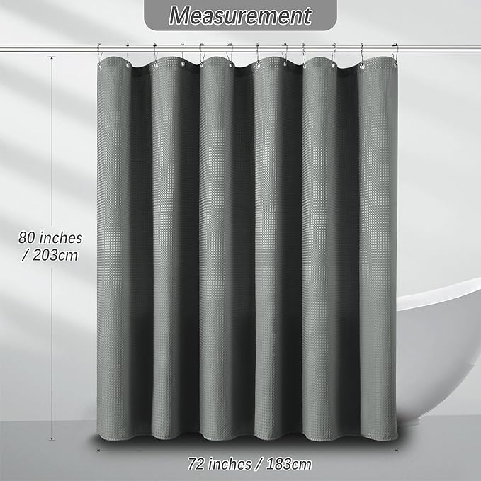 PANGSINNE Shower Curtain Gray Waterproof Waffle Weave Fabric, 256GSM Heavy Duty Thick Shower Curtain Set for Bathroom, Hotel Spa Luxury Modern Shower Curtains with 12 Metal Hooks, 72Wx80H Grey