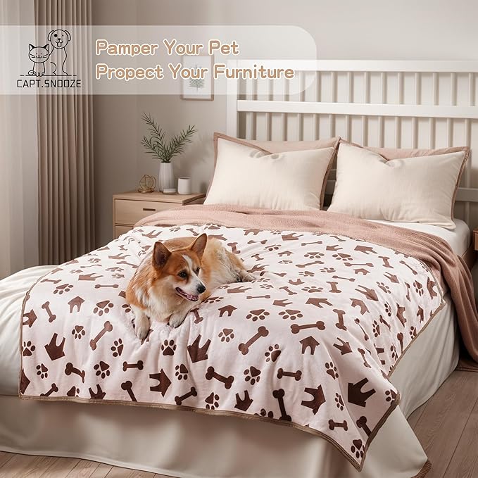 CAPT.SNOOZE Waterproof Dog Blankets Pet Blanket 50"x60", Soft Fluffy Sofa Car Bed Protector, Reversible Sherpa Fleece Dog Blanket for for Small Medium Large Dogs Cats (Beige-House)