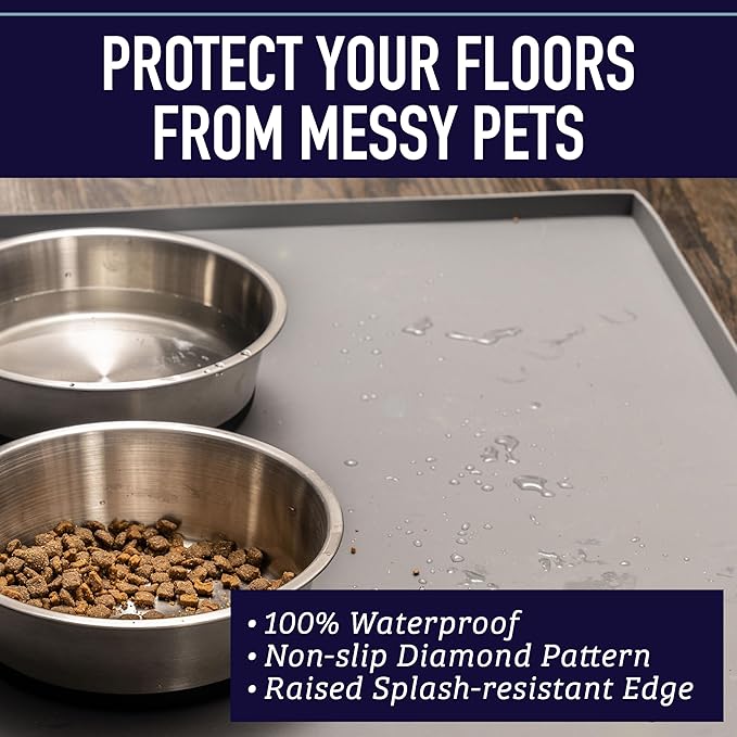 Leash Boss Dog Food Mat - 2-Pack, Waterproof Cat & Dog Bowl Mat for Food and Water, Silicone Pet Feeding Mats for Floors, Non-Slip Placemat with High Edges, Puppy Essentials (Small: 18"x11", Navy)