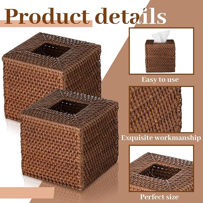 Kigley 2 Pcs Square Rattan Tissue Box Cover Boho Wicker Tissue Cube Box Cover 5.5'' x 5.5'' x 5.5'' Decorative Natural Wicker Hand Woven Napkin Box Holder Bathroom Office Car Accessories (Brown)