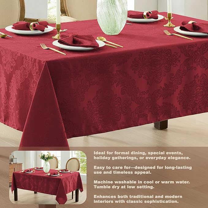 Newbridge Barcelona Damask Fabric Tablecloth, 52 x 70 Inch Rectangle, Burgundy – No Iron, Soil Resistant Table Cover for Dining, Parties and Holidays