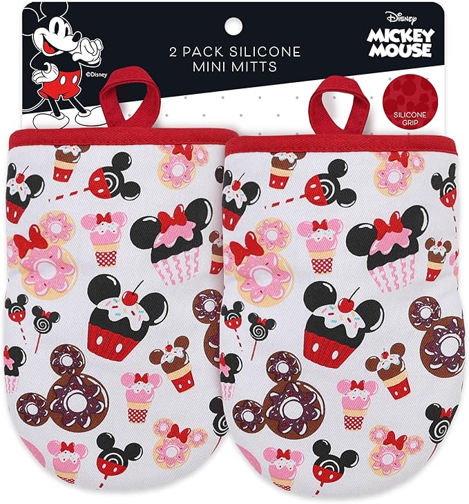 Disney Oven Mitts - 5.5” x 7.5” Heat-Resistant Mini Oven Mitts with Non-Slip Printed Silicone Disney Silhouettes - Mickey & Minnie, Stitch, Winnie The Pooh