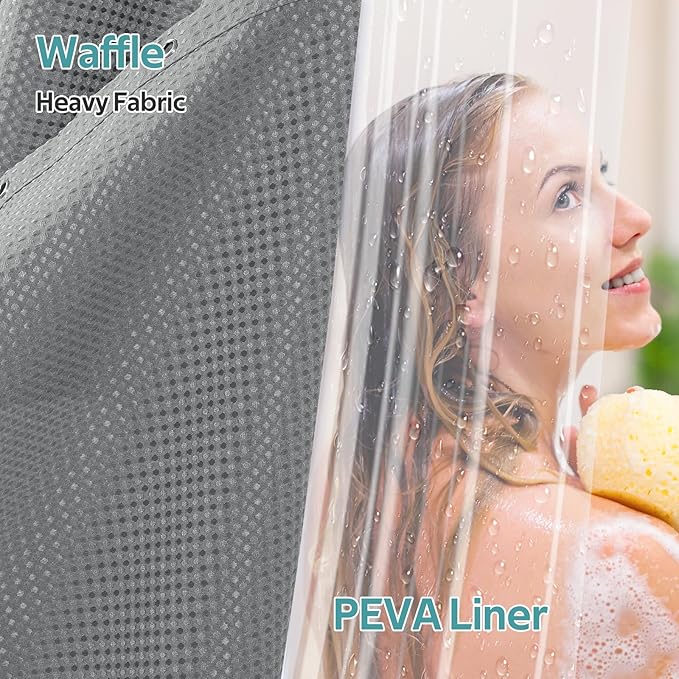 Vipfree 3 in 1 Shower Curtain Set, Waffle Shower Curtain and Liner Set with 12 Double Sided Shower Curtain Hooks, 258GSM Luxury Weighted Cloth Shower Curtains for Bathroom, 72 W x 84 H, Grey