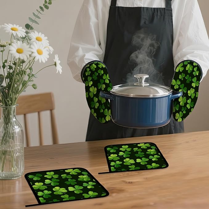 Lucky Clover Oven Mitts and Pot Holders,Patrick's Day Heat Resistant Oven Mitts Gloves and Pot Holder for Home Kitchen Decorations Cooking Baking BBQ Gifts,Set of 4