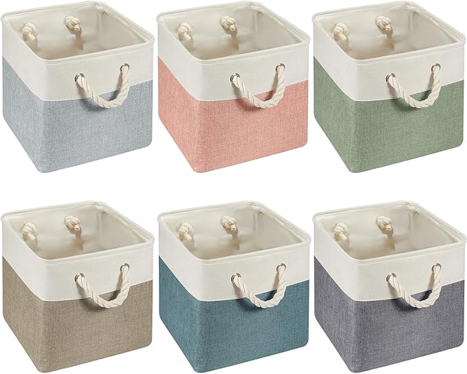 Geiserailie 6 Pcs 13 x 13 Inch Cube Storage Bins Fabric Storage Organizer Bins Foldable Cube Baskets with Sturdy Carry Handles Wicker Baskets for Home (Morandi Colors)