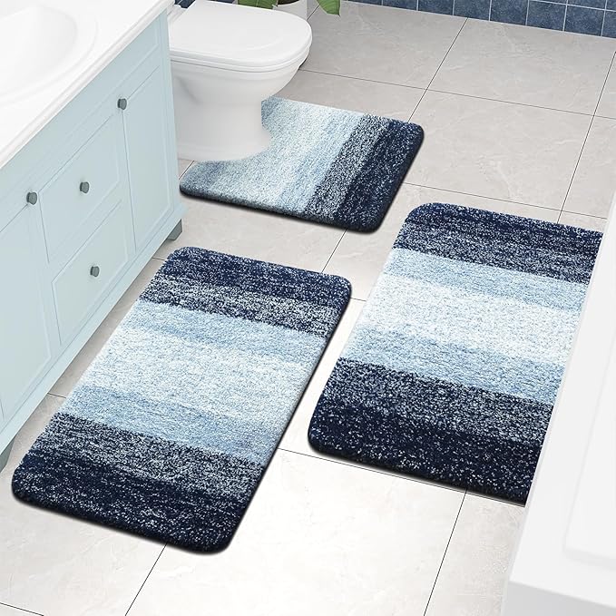 Arotive Microfiber Bathroom Rugs, Shaggy Soft and Absorbent Contour Toilet Rugs, Non-Slip, Thick Plush Machine Washable Dry Bath Mats for Toilet Base, 24x24, Dark Blue, U-Shape